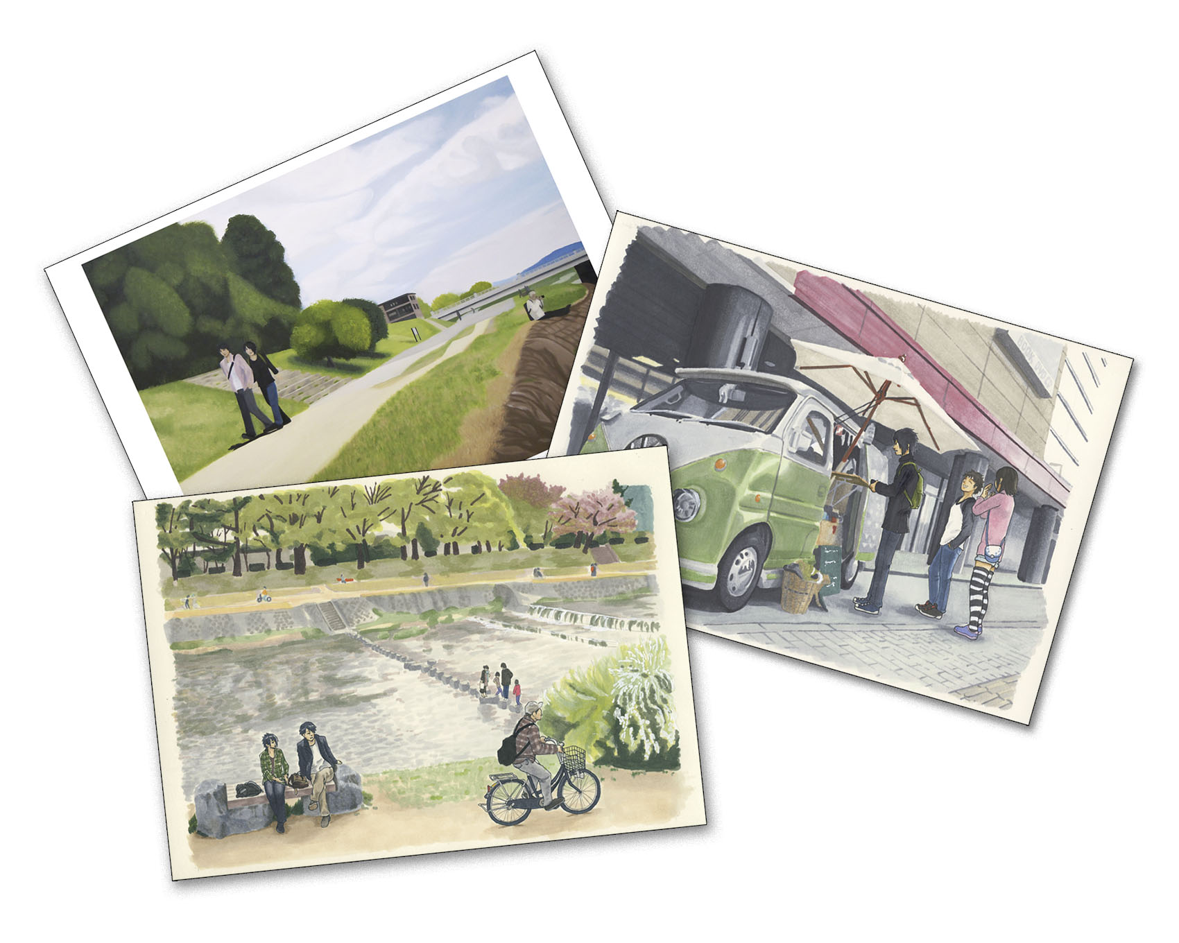 ポストカードのイメージ画像。岡谷の作品が印刷されたポストカードが、3種類重なって置かれている。