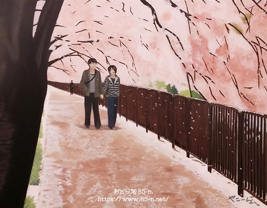 桜の木々の下を歩くカップルの絵