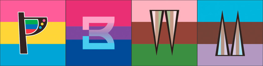 缶バッジデザインの画像。左から「パンセクシャル」「バイセクシャル」「ウーマセクシャル」「マセクシャル」のデザインが並んでいる。